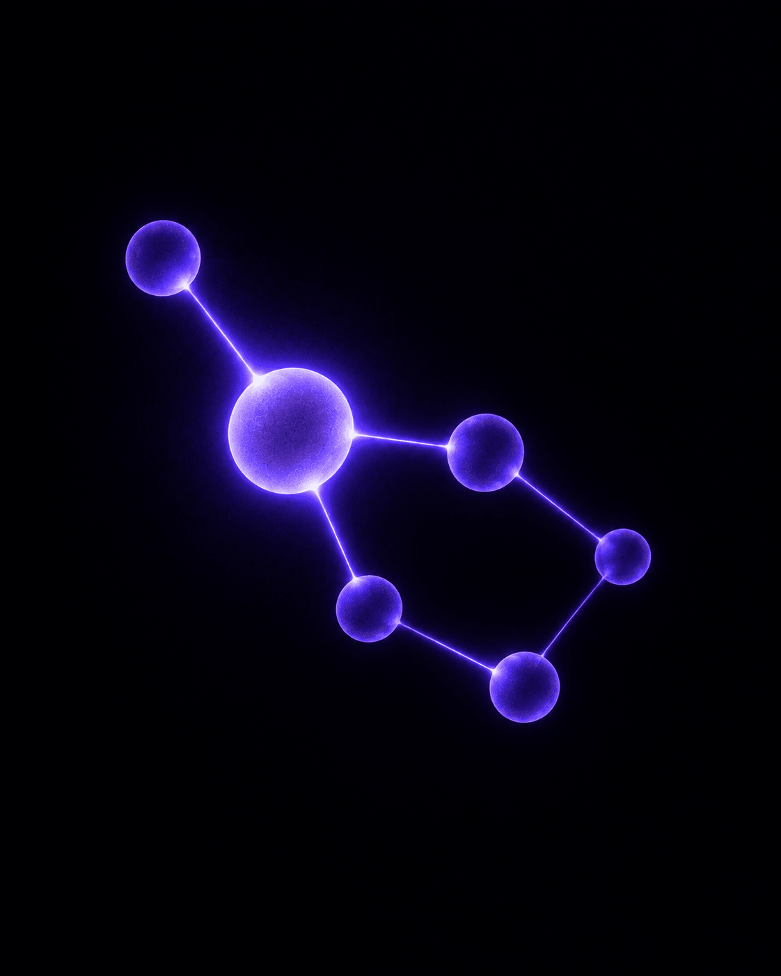 Constelación de nodos de vidrio conectados por líneas de luz índigo, representando la estrategia y presencia digital de AIISO Consulting.