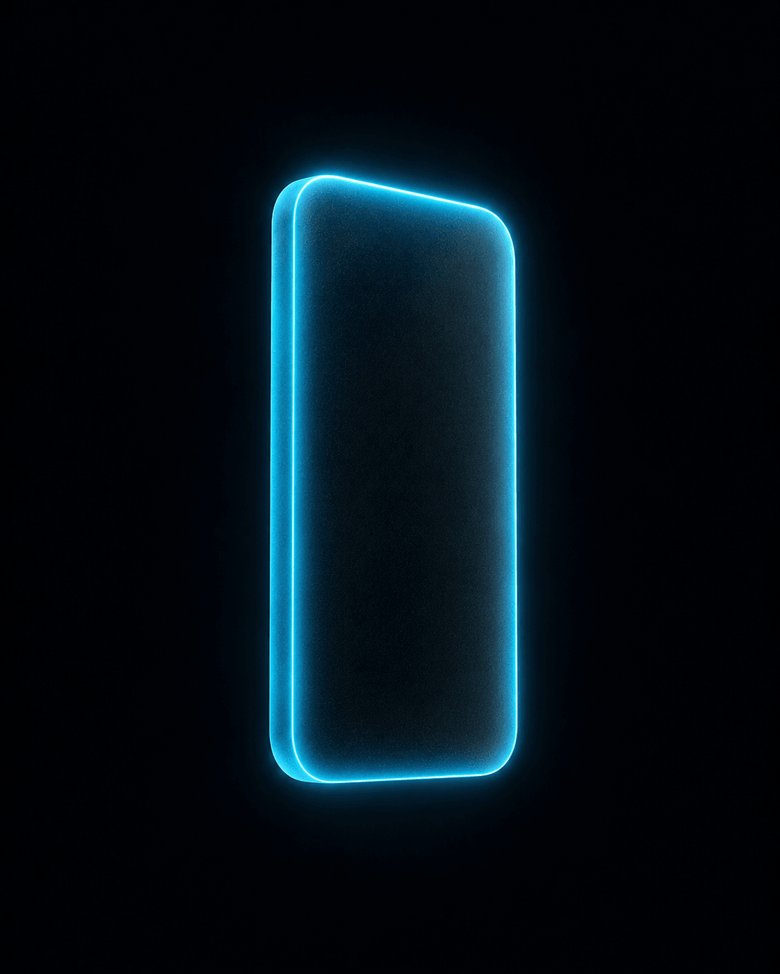 Silueta de un smartphone en vidrio esmerilado con el contorno trazado en cian eléctrico, representando el proyecto end-to-end de BLU.