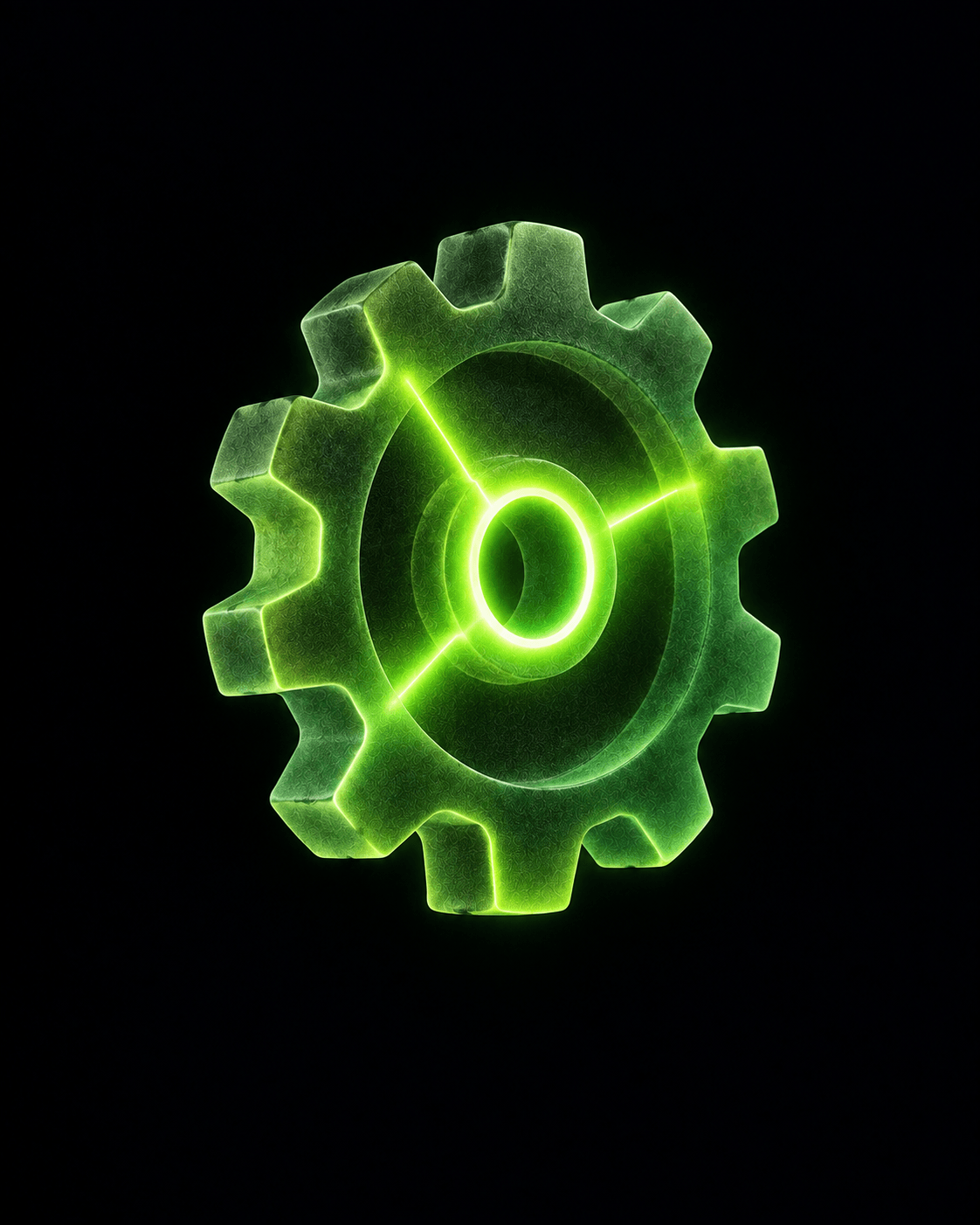 Un engranaje de vidrio esmerilado con el eje iluminado en verde lima, representando la operación de marketing montada desde cero en GrowthBro.