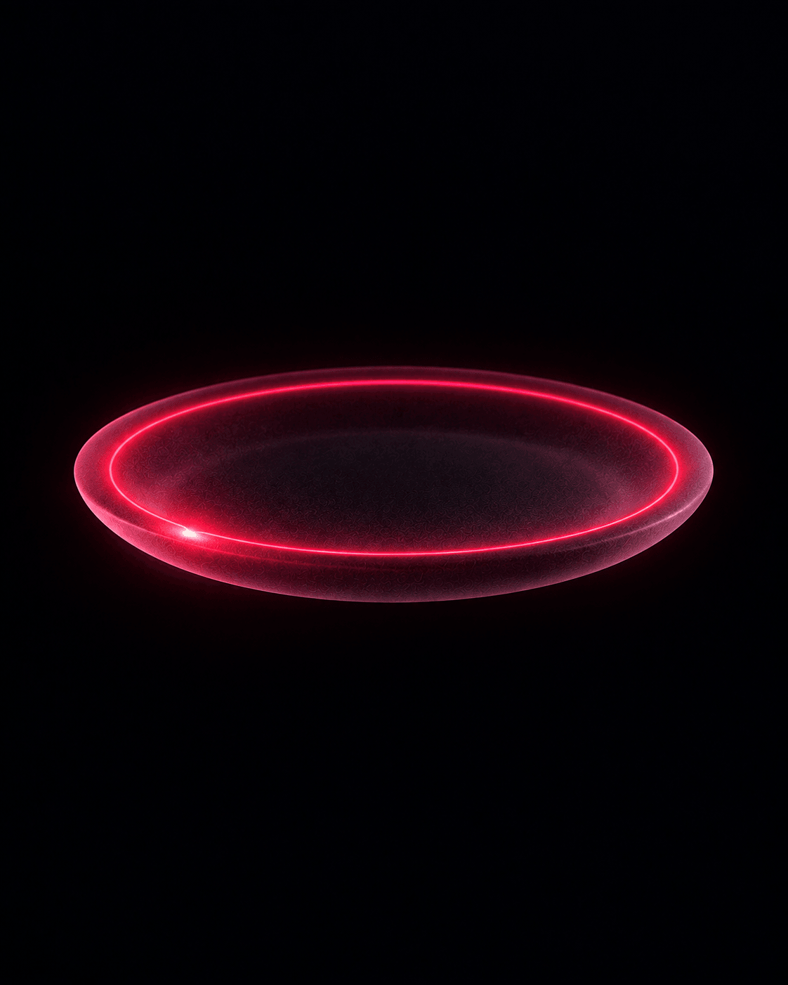 Plato de vidrio esmerilado con un anillo de luz rojo vino trazado en el borde, representando la identidad y apertura de Nona Gastro Bar.