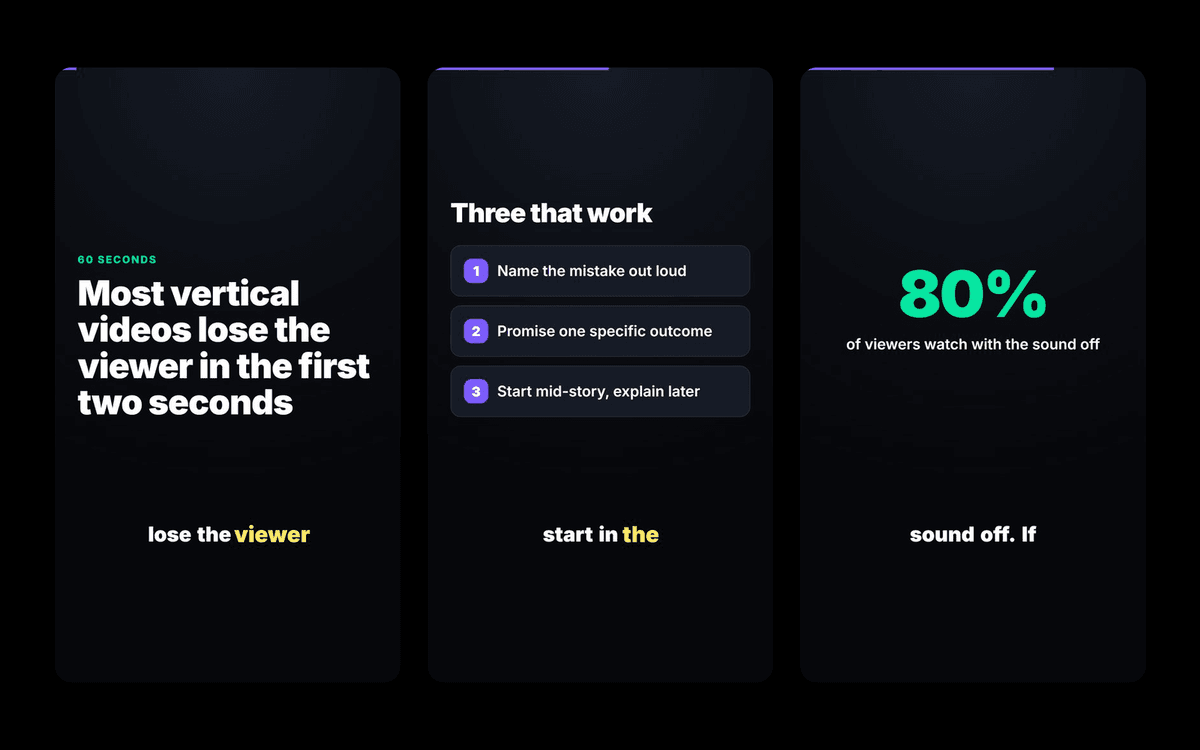 Tres escenas verticales renderizadas con el kit: un gancho en tipografía grande, una lista numerada de tres puntos y una cifra de 80% en verde, con subtítulos resaltados palabra por palabra.
